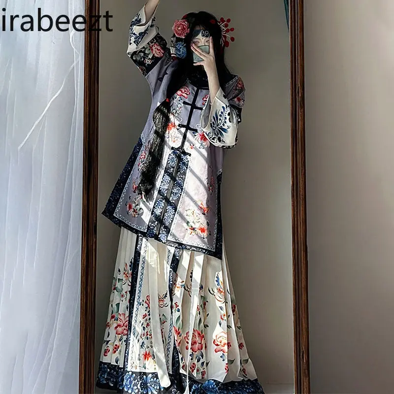Chinese Qipao Women's Elegant Floral Print High Waist Side Slit A-Line Cheongsam Traditional Hanfu Costume Autumn Outerwear