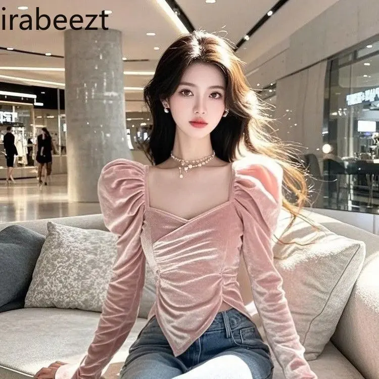 Elegant French Pink Velvet Blouse Women 2025 Winter Slim Fit Bubble Long Sleeve Tops Blusas Femininas Elegantes