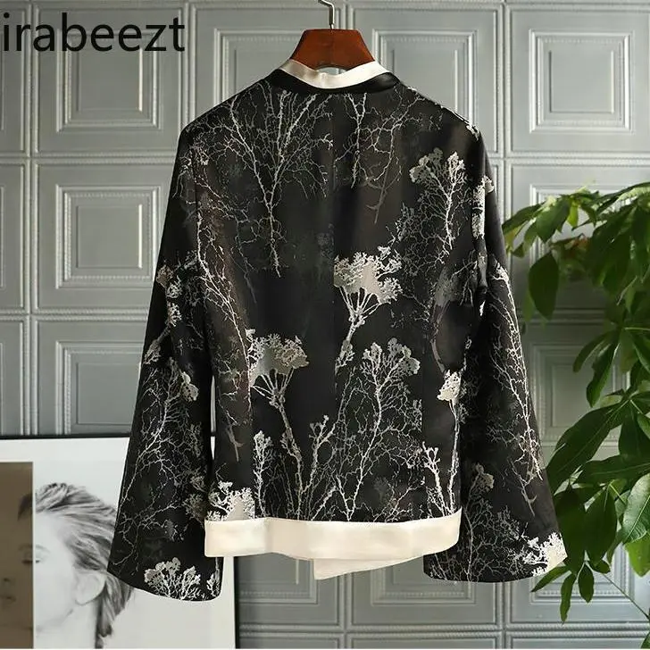 2025 Retro Chinese Style Jacquard Acetate Blouse Women's Spring Fashion Cardigan Vintage Floral Print Open Front Coat