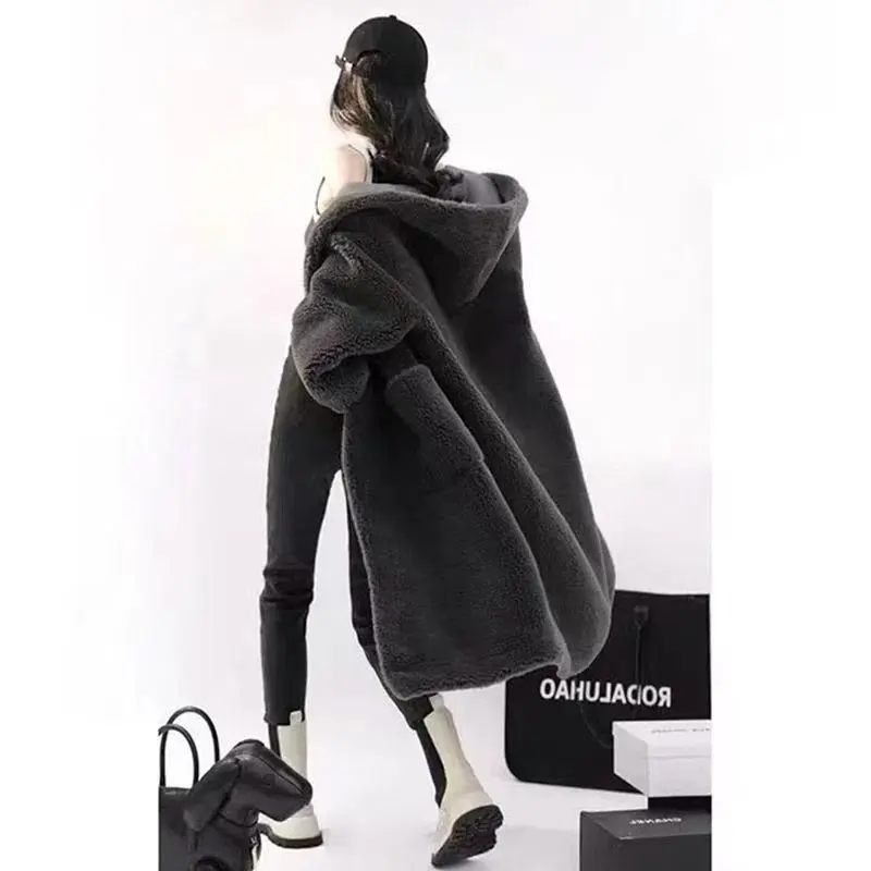 High-grade Solid Color Imitation Lamb Wool Lapel Hood Temperament Woolen Coat Women's Fashion Vintage Roupas Femininas