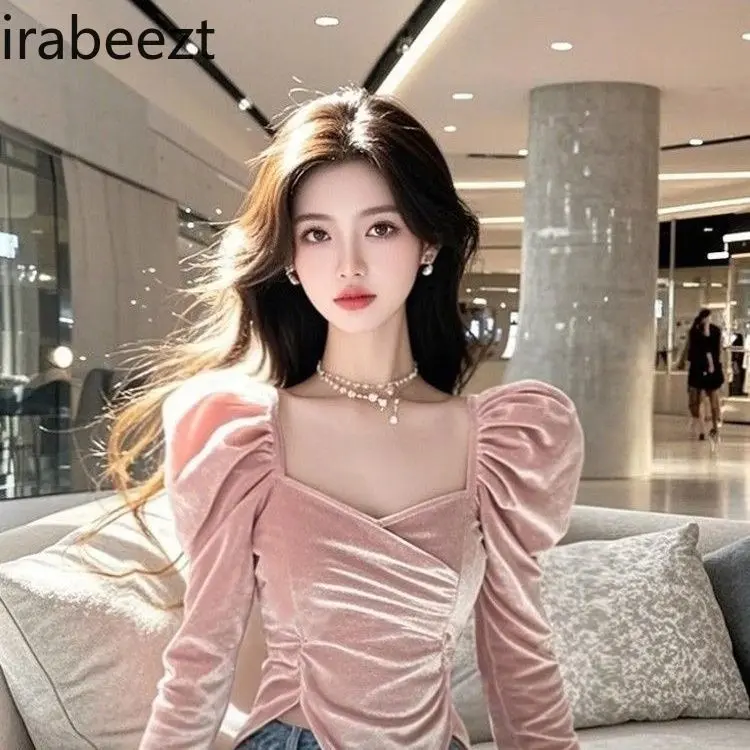 Elegant French Pink Velvet Blouse Women 2025 Winter Slim Fit Bubble Long Sleeve Tops Blusas Femininas Elegantes