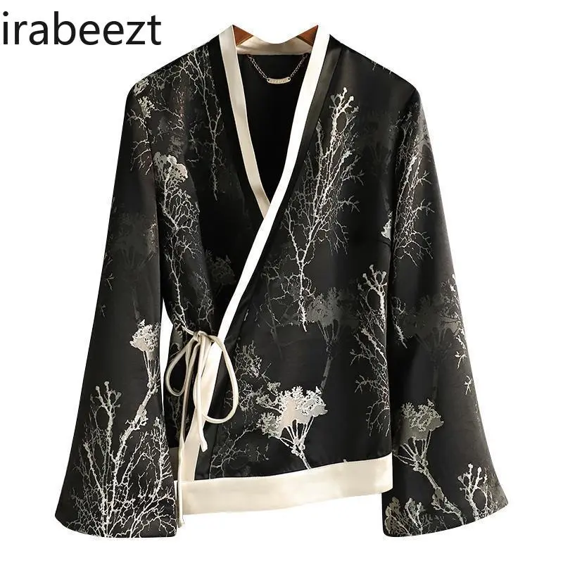 2025 Retro Chinese Style Jacquard Acetate Blouse Women's Spring Fashion Cardigan Vintage Floral Print Open Front Coat