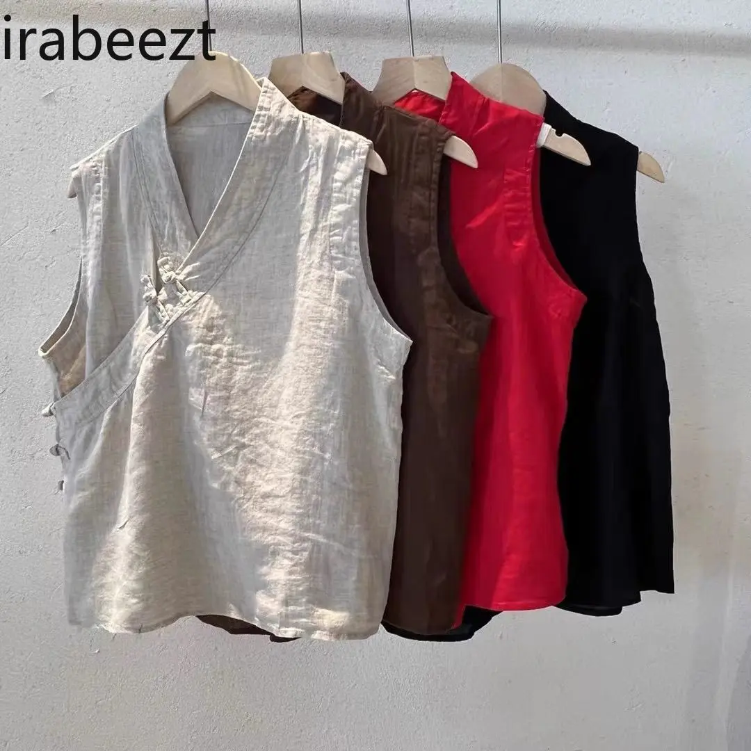 Vintage Summer Chinese Button Linen Sleeveless Vest Top Women's Loose Boho V-Neck Blouse Casual Oversized Tunic Shirt