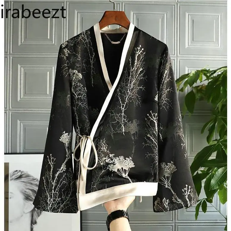 2025 Retro Chinese Style Jacquard Acetate Blouse Women's Spring Fashion Cardigan Vintage Floral Print Open Front Coat