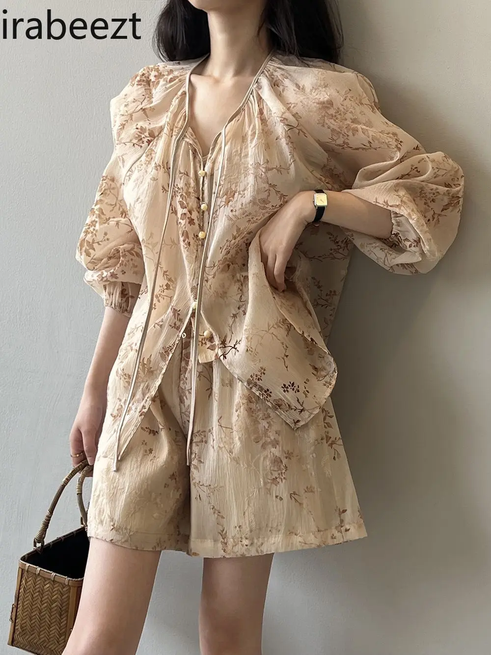 Women's Summer Outfit Retro Long Sleeve Top with High Waist Wide Leg Shorts Set Elegant Loose Fit Casual Two Piece Suit