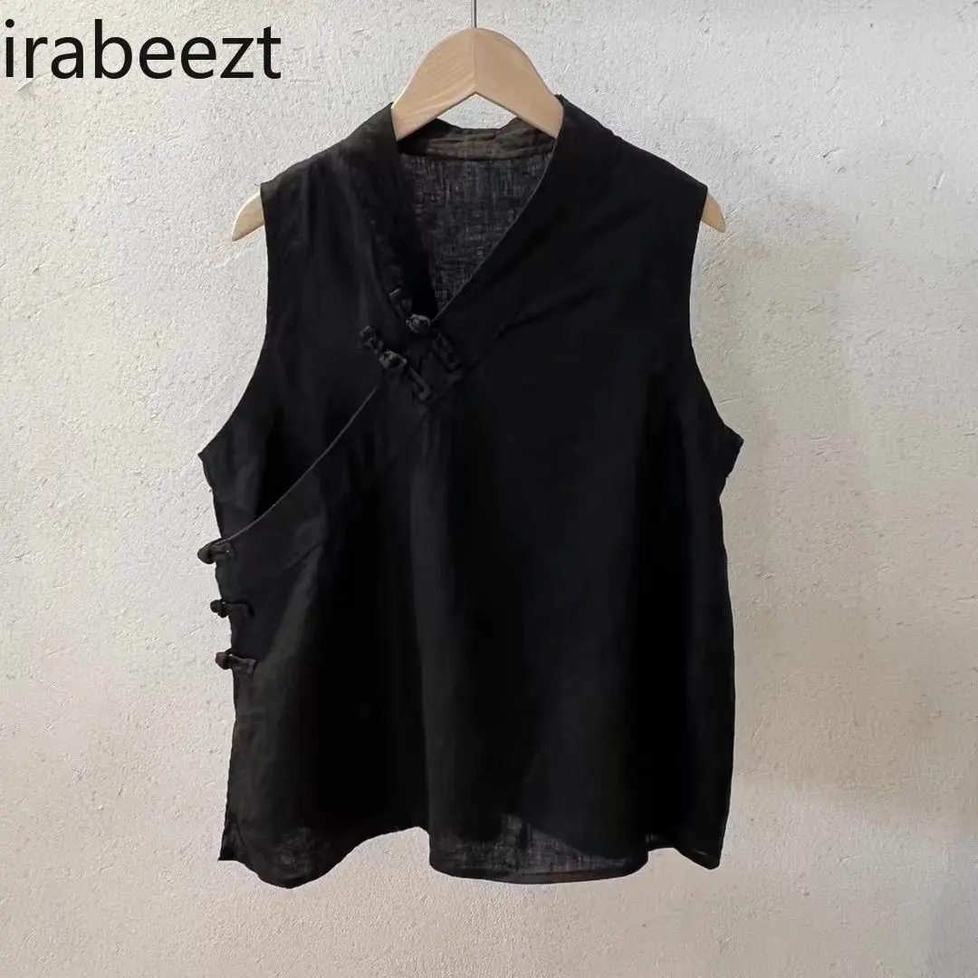 Vintage Summer Chinese Button Linen Sleeveless Vest Top Women's Loose Boho V-Neck Blouse Casual Oversized Tunic Shirt
