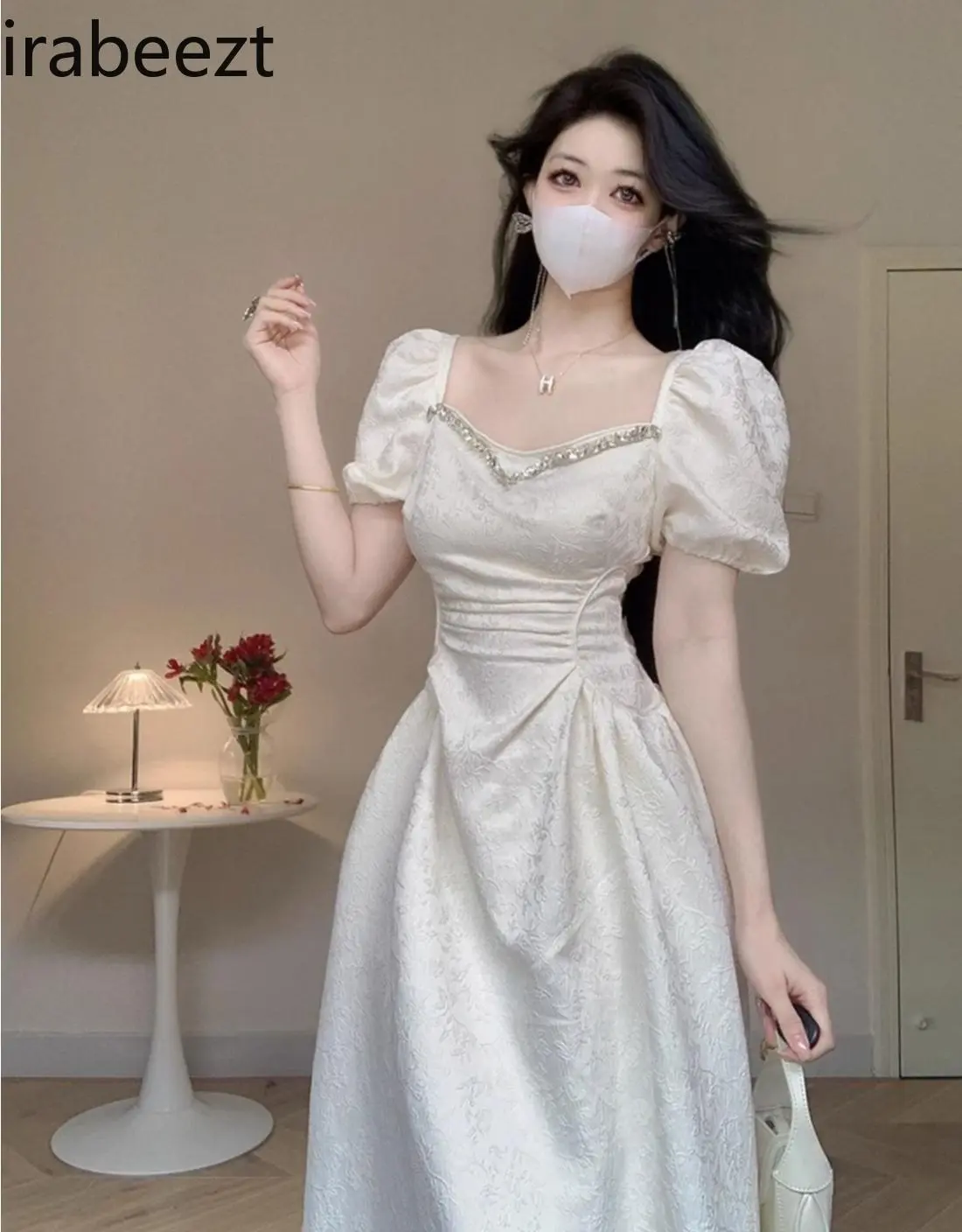 Plus Size Elegant French Tea Robe - Princess Bubble Sleeve White Summer Dress for Women Tummy Control Waist Lace Up