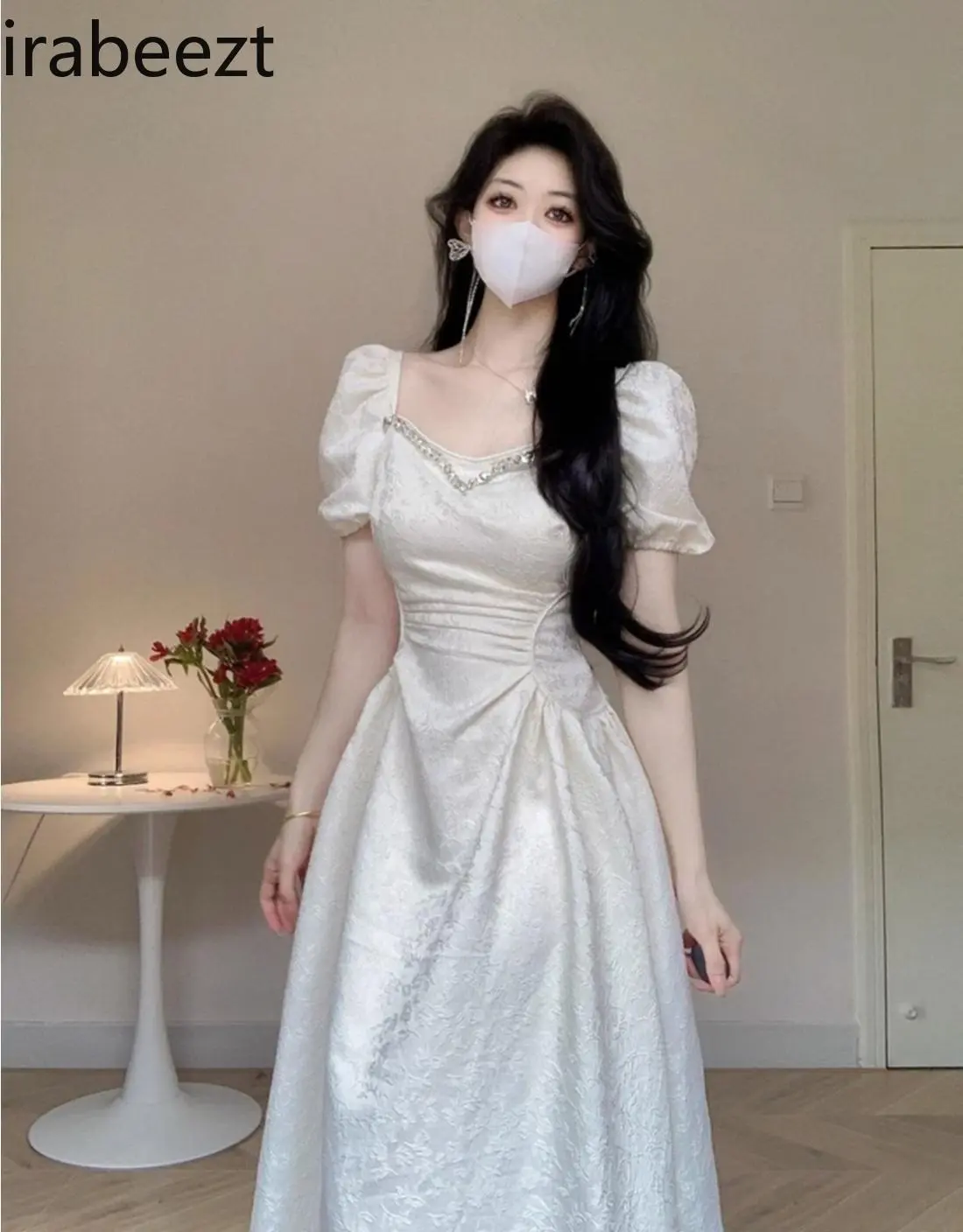 Plus Size Elegant French Tea Robe - Princess Bubble Sleeve White Summer Dress for Women Tummy Control Waist Lace Up