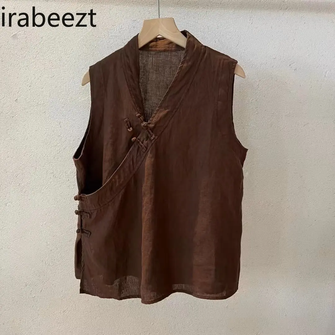 Vintage Summer Chinese Button Linen Sleeveless Vest Top Women's Loose Boho V-Neck Blouse Casual Oversized Tunic Shirt