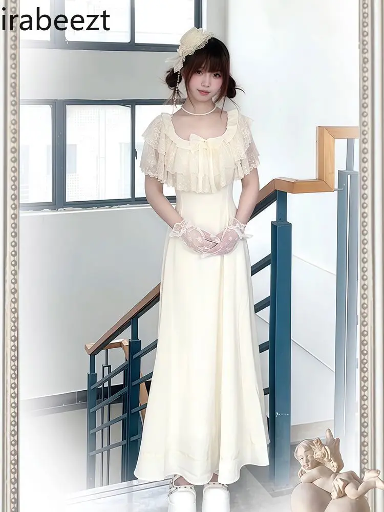 Lolita Dress Bowknot Sweet Kawaii Gothic Elegant Vintage Floral Tea Party Mini Dress for Women Cute Small Size White