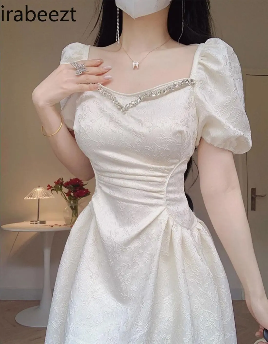 Plus Size Elegant French Tea Robe - Princess Bubble Sleeve White Summer Dress for Women Tummy Control Waist Lace Up