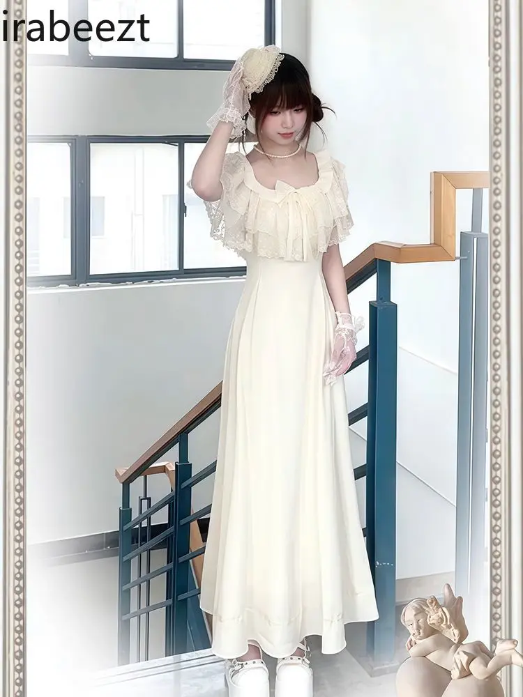 Lolita Dress Bowknot Sweet Kawaii Gothic Elegant Vintage Floral Tea Party Mini Dress for Women Cute Small Size White