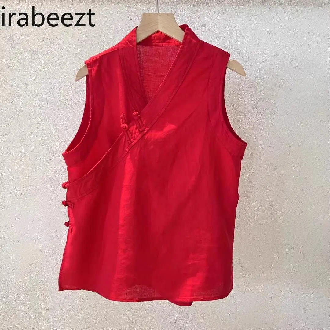 Vintage Summer Chinese Button Linen Sleeveless Vest Top Women's Loose Boho V-Neck Blouse Casual Oversized Tunic Shirt