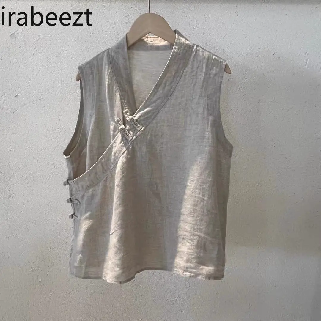 Vintage Summer Chinese Button Linen Sleeveless Vest Top Women's Loose Boho V-Neck Blouse Casual Oversized Tunic Shirt