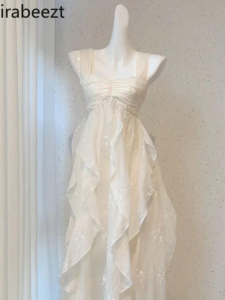 French Tea Dress White Lace Vintage Strapless Princess Sundress Floral Ruffle Boho Romantic Aesthetic vestido feminino