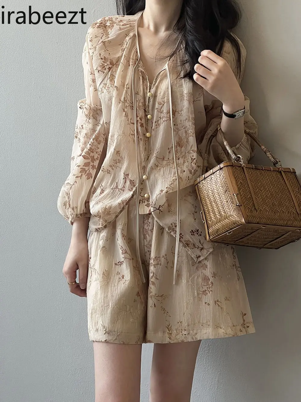 Women's Summer Outfit Retro Long Sleeve Top with High Waist Wide Leg Shorts Set Elegant Loose Fit Casual Two Piece Suit