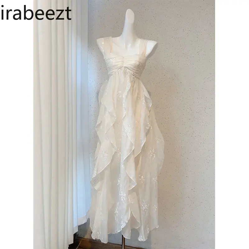 French Tea Dress White Lace Vintage Strapless Princess Sundress Floral Ruffle Boho Romantic Aesthetic vestido feminino