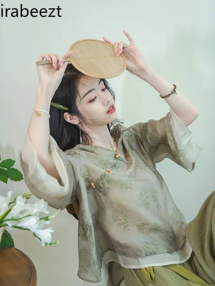 New Chinese Style Women's Set Tang Suit Blouse + Wide Pants Elegant Loose Tea Dress Boho Chic Daily Outfit Cosas Chinas