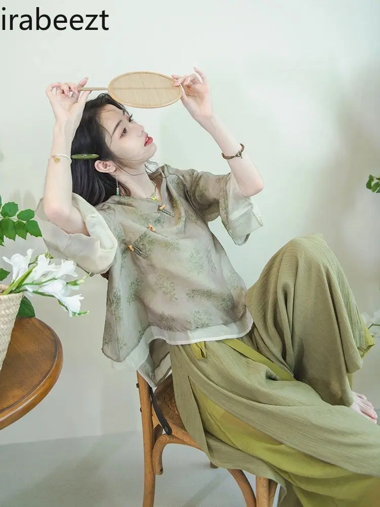 New Chinese Style Women's Set Tang Suit Blouse + Wide Pants Elegant Loose Tea Dress Boho Chic Daily Outfit Cosas Chinas