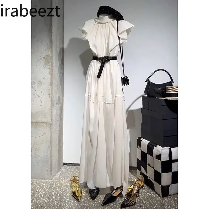 Elegant White Summer Women 2025 High-End Flutter Sleeve A-Line Midi Dress Chic Luxe Fabric Office Party Formal Wear