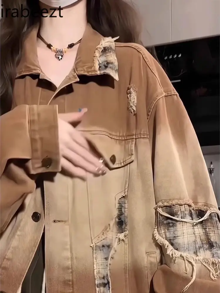 Women's Distressed Denim Jacket Oversized Boho Patchwork Coat Casual Streetwear Loose Spring Fall Vintage Workwear Tops