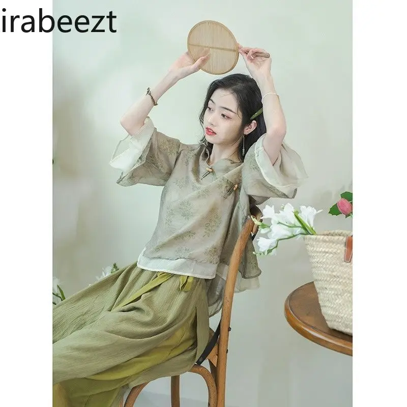 New Chinese Style Women's Set Tang Suit Blouse + Wide Pants Elegant Loose Tea Dress Boho Chic Daily Outfit Cosas Chinas