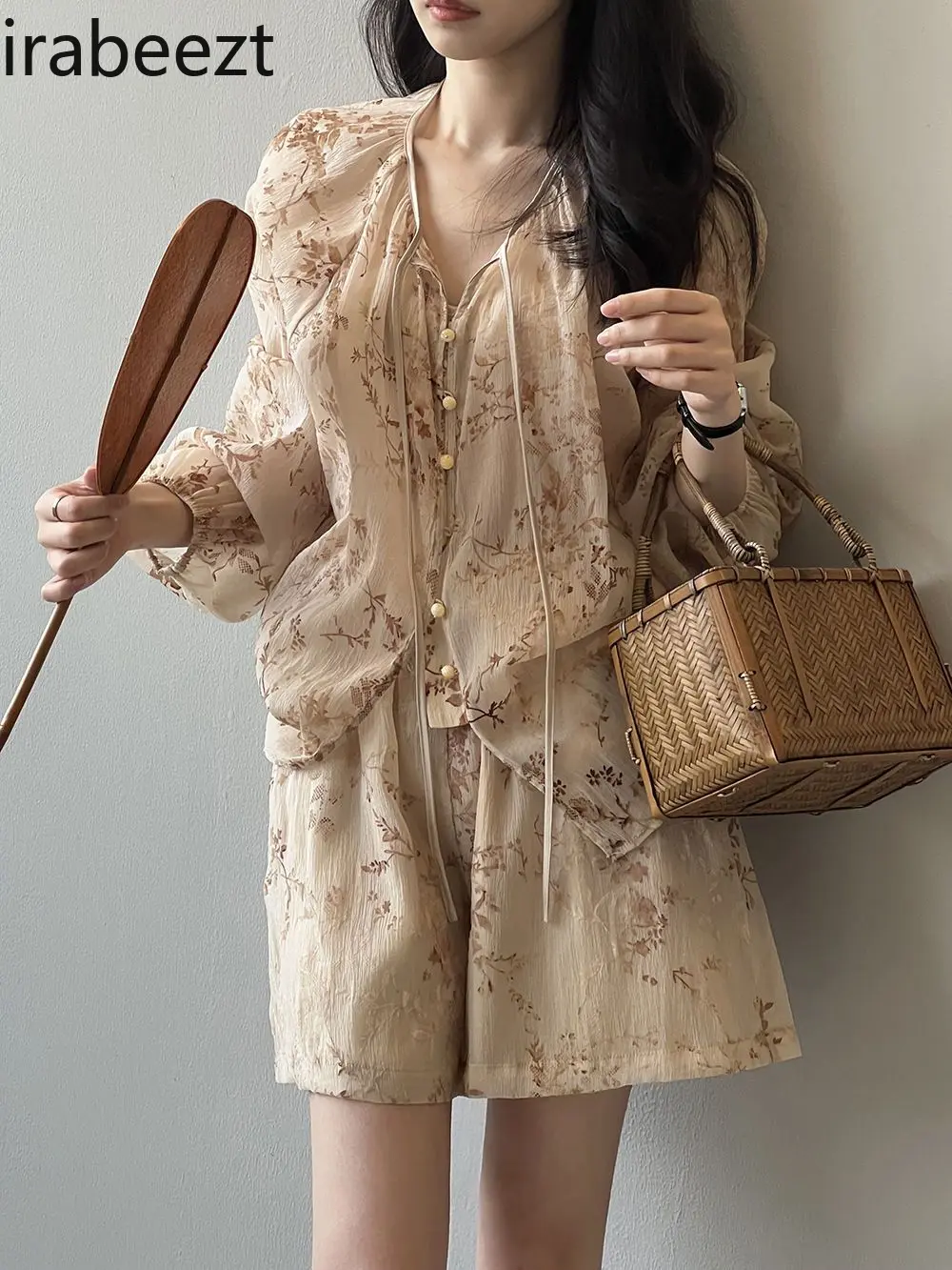 Women's Summer Outfit Retro Long Sleeve Top with High Waist Wide Leg Shorts Set Elegant Loose Fit Casual Two Piece Suit