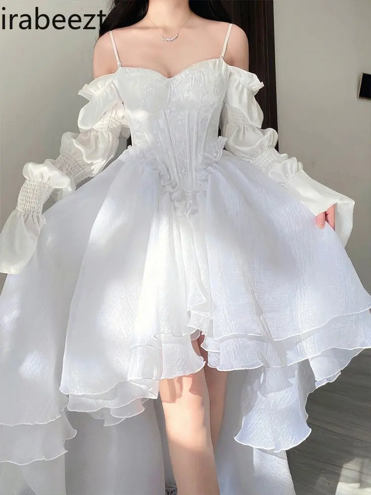 New Arrival French Lolita White Off-Shoulder Princess Robe - Elegant Lace Tiered Ball Gown Wedding Party Bridal Dress for Women