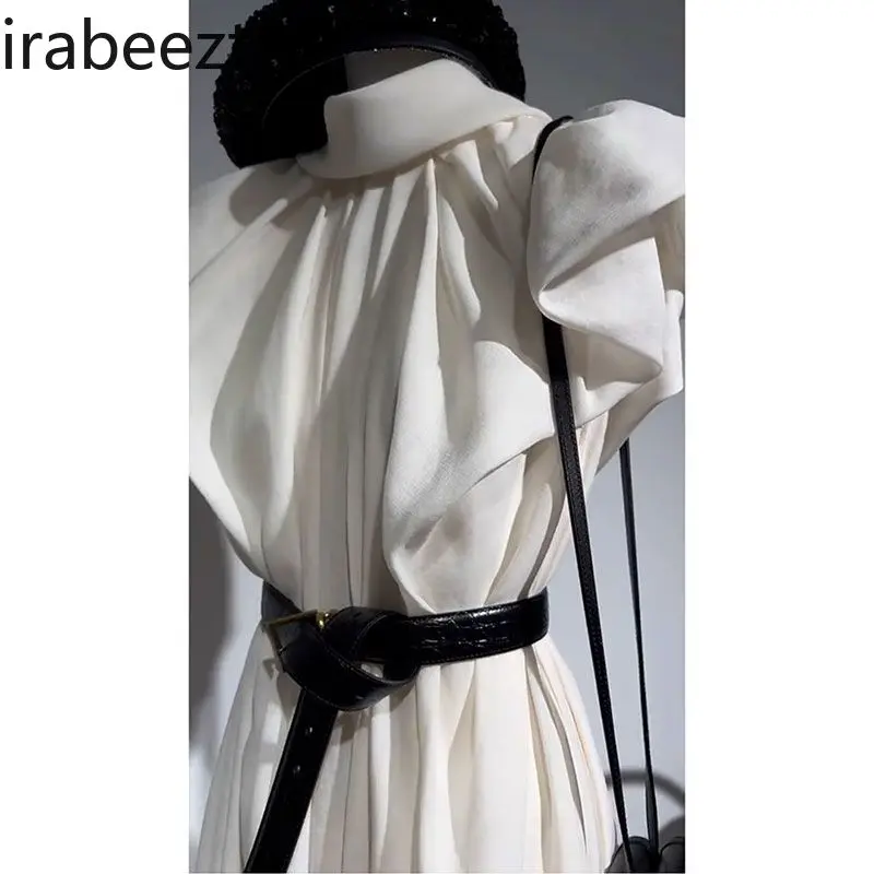 Elegant White Summer Women 2025 High-End Flutter Sleeve A-Line Midi Dress Chic Luxe Fabric Office Party Formal Wear