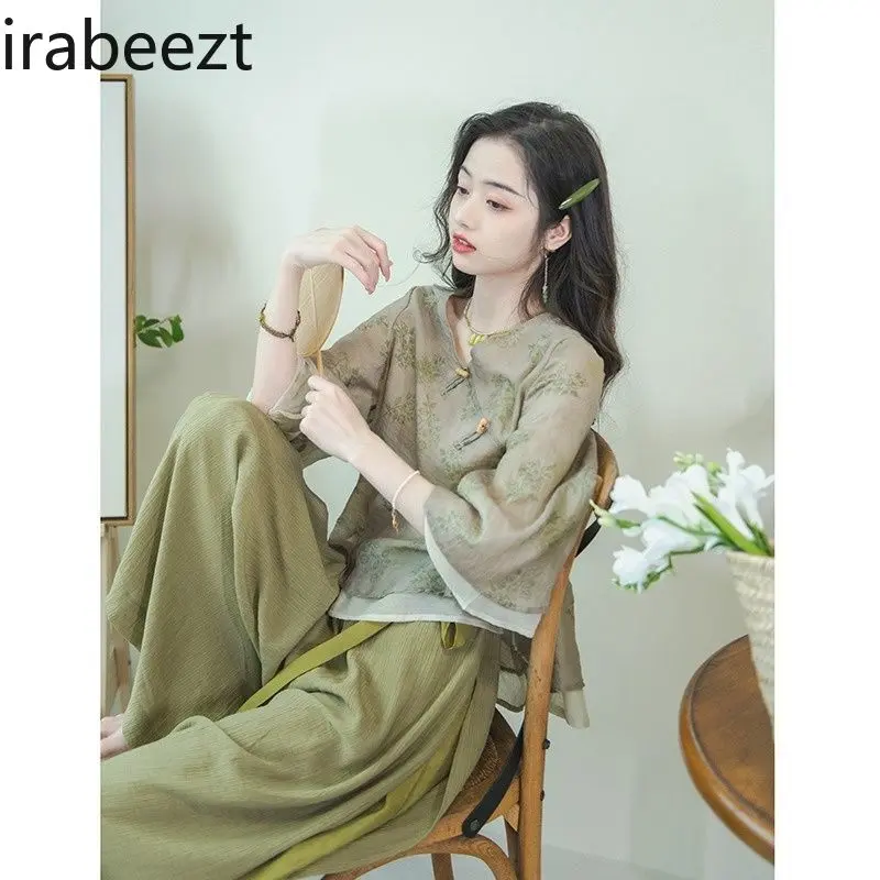 New Chinese Style Women's Set Tang Suit Blouse + Wide Pants Elegant Loose Tea Dress Boho Chic Daily Outfit Cosas Chinas