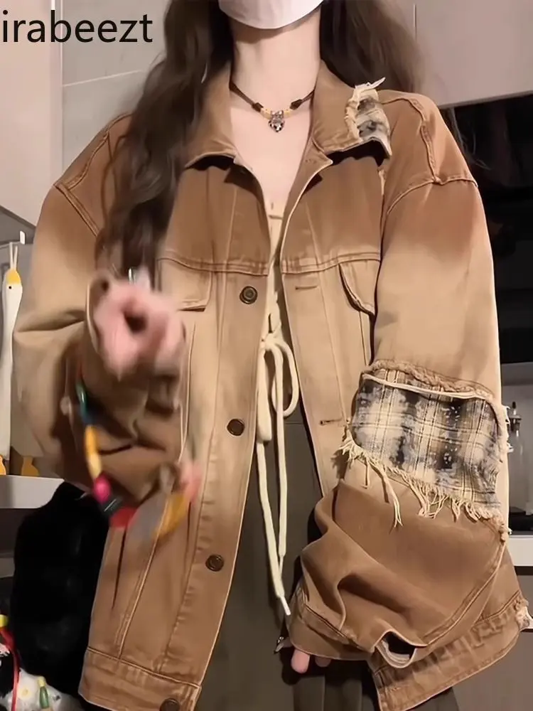 Women's Distressed Denim Jacket Oversized Boho Patchwork Coat Casual Streetwear Loose Spring Fall Vintage Workwear Tops