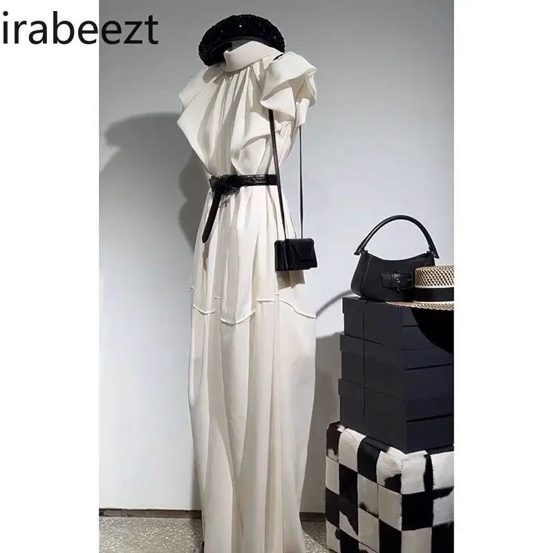 Elegant White Summer Women 2025 High-End Flutter Sleeve A-Line Midi Dress Chic Luxe Fabric Office Party Formal Wear