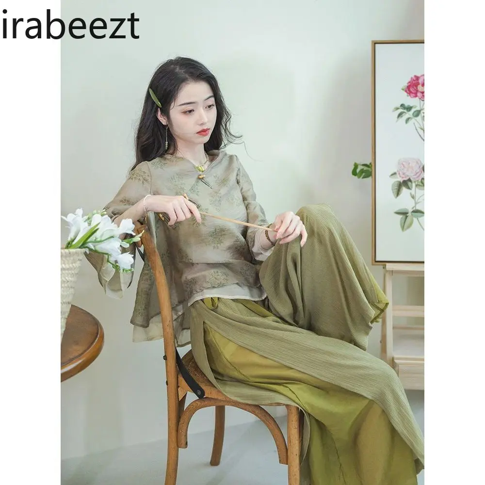 New Chinese Style Women's Set Tang Suit Blouse + Wide Pants Elegant Loose Tea Dress Boho Chic Daily Outfit Cosas Chinas