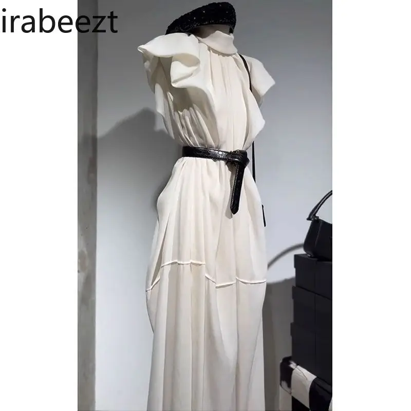 Elegant White Summer Women 2025 High-End Flutter Sleeve A-Line Midi Dress Chic Luxe Fabric Office Party Formal Wear