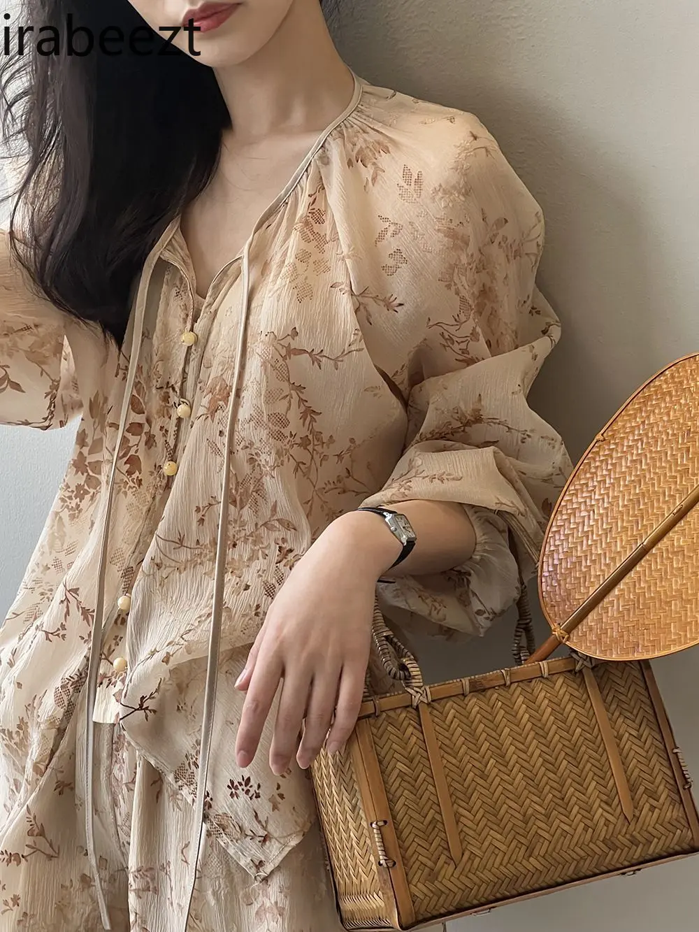Women's Summer Outfit Retro Long Sleeve Top with High Waist Wide Leg Shorts Set Elegant Loose Fit Casual Two Piece Suit