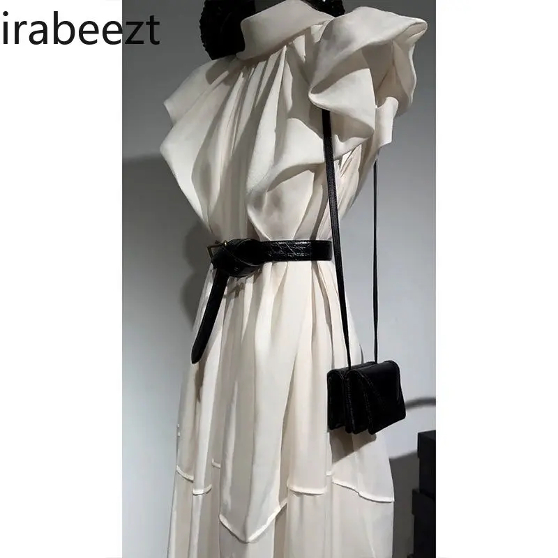 Elegant White Summer Women 2025 High-End Flutter Sleeve A-Line Midi Dress Chic Luxe Fabric Office Party Formal Wear