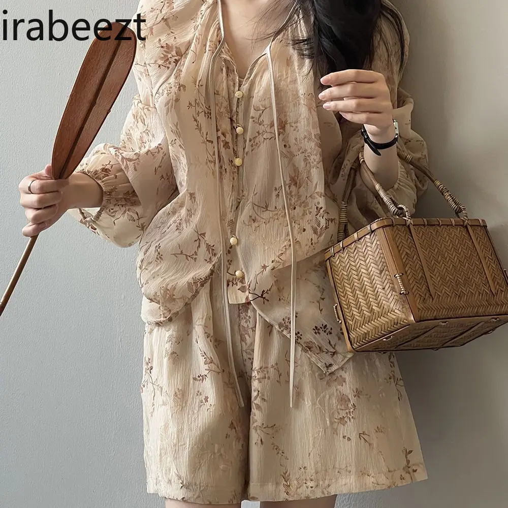 Women's Summer Outfit Retro Long Sleeve Top with High Waist Wide Leg Shorts Set Elegant Loose Fit Casual Two Piece Suit