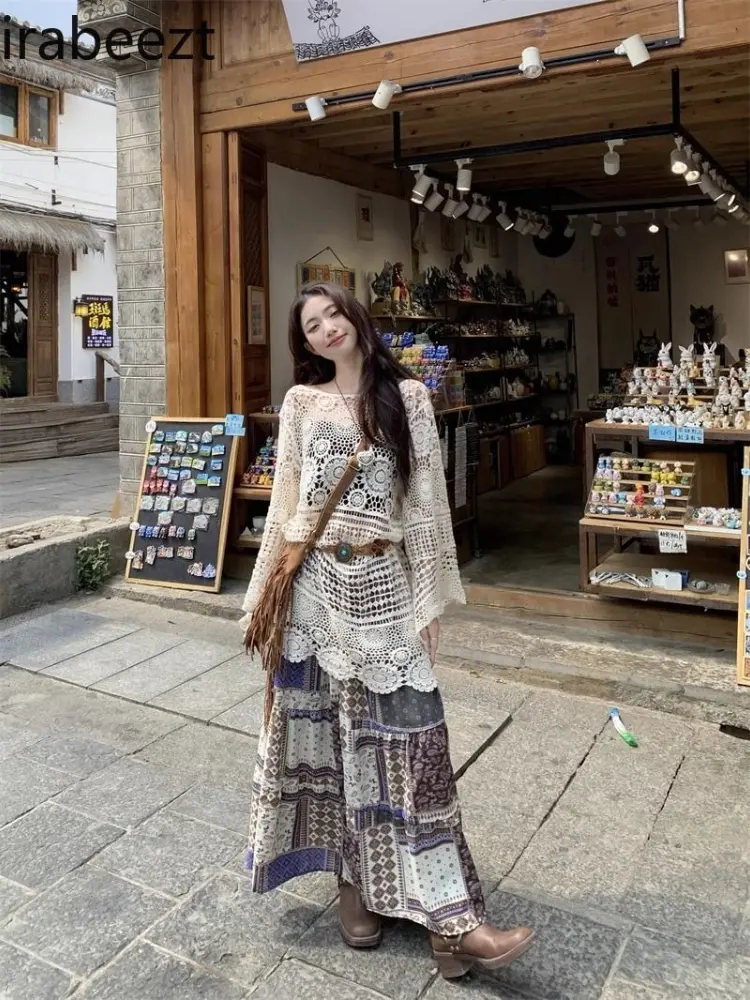 Bohemian Holiday Style Suit Hollow Sun Protection Knitted Blouse Female Summer Splicing Blusa Feminina Loose Knitted To