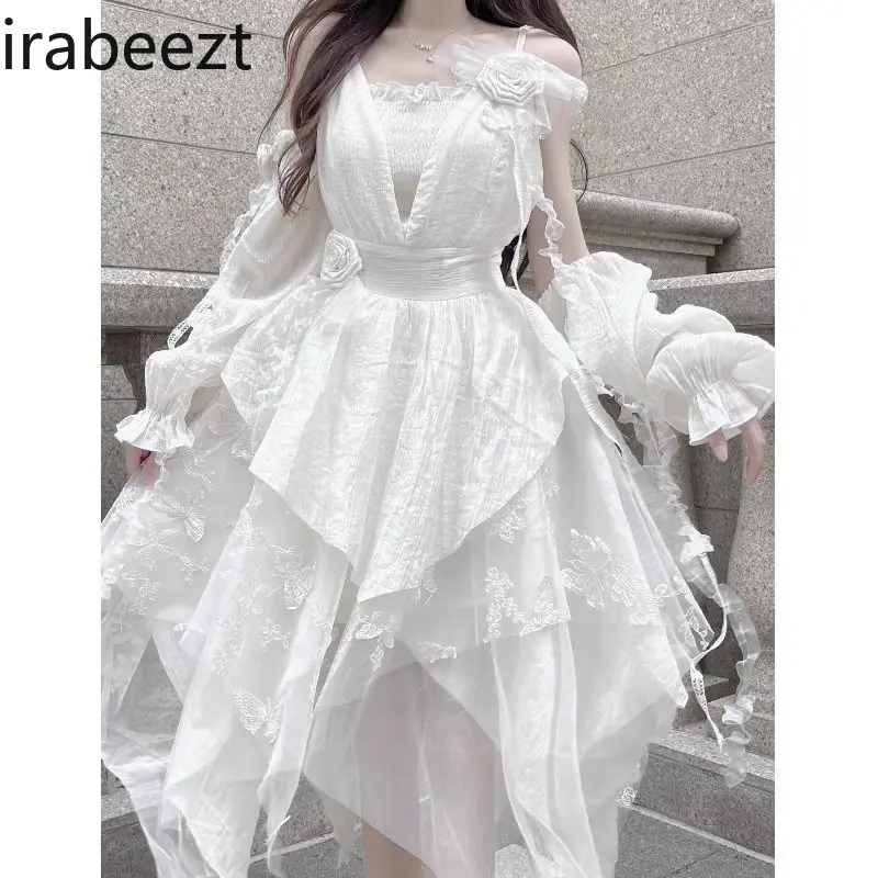​French Sweet Princess Gown Summer 2025 Elegant Asymmetrical White Lace Robe Women's Boho Chic Party Maxi Dress