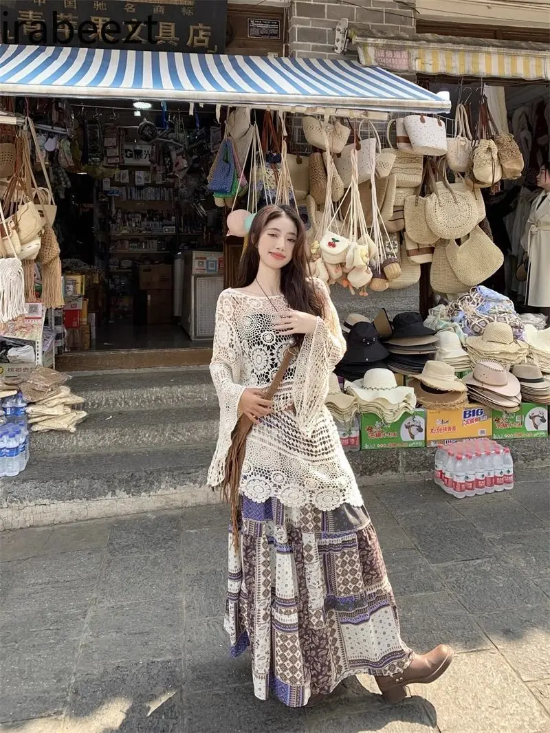 Bohemian Holiday Style Suit Hollow Sun Protection Knitted Blouse Female Summer Splicing Blusa Feminina Loose Knitted To