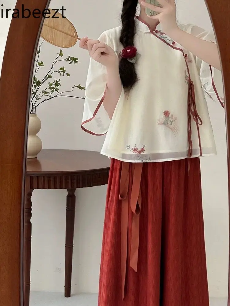 2025 New Retro Chinese Style Women's Elegant Blouse with Wide Leg Pants Set Vintage Floral Print Loose Fit Autumn Fashion Outfit