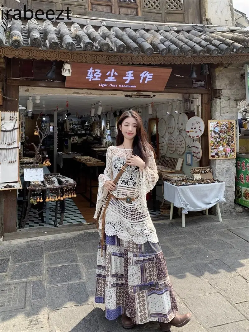 Bohemian Holiday Style Suit Hollow Sun Protection Knitted Blouse Female Summer Splicing Blusa Feminina Loose Knitted To