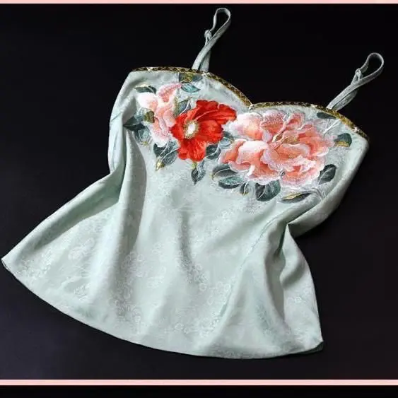Plus Size Floral Embroidered Satin Hanfu Vest - Summer Boho Chic Camisole Women's Loose Causal Tank Tops
