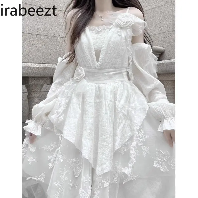 ​French Sweet Princess Gown Summer 2025 Elegant Asymmetrical White Lace Robe Women's Boho Chic Party Maxi Dress