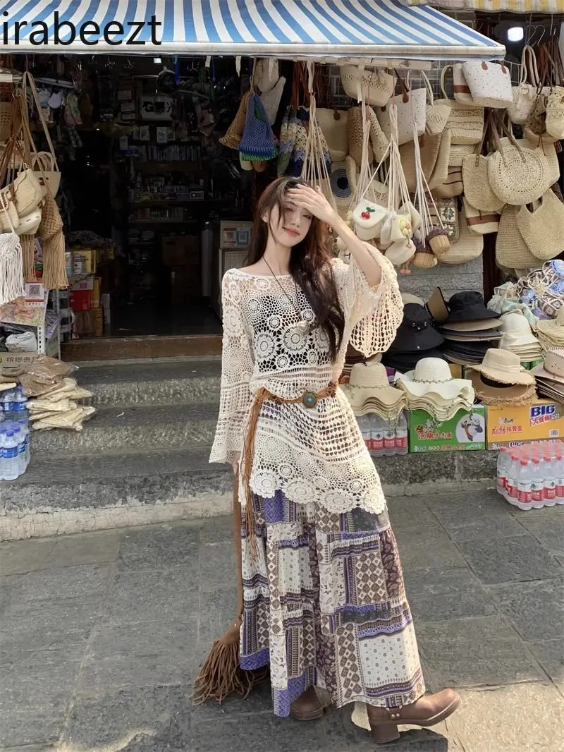 Bohemian Holiday Style Suit Hollow Sun Protection Knitted Blouse Female Summer Splicing Blusa Feminina Loose Knitted To
