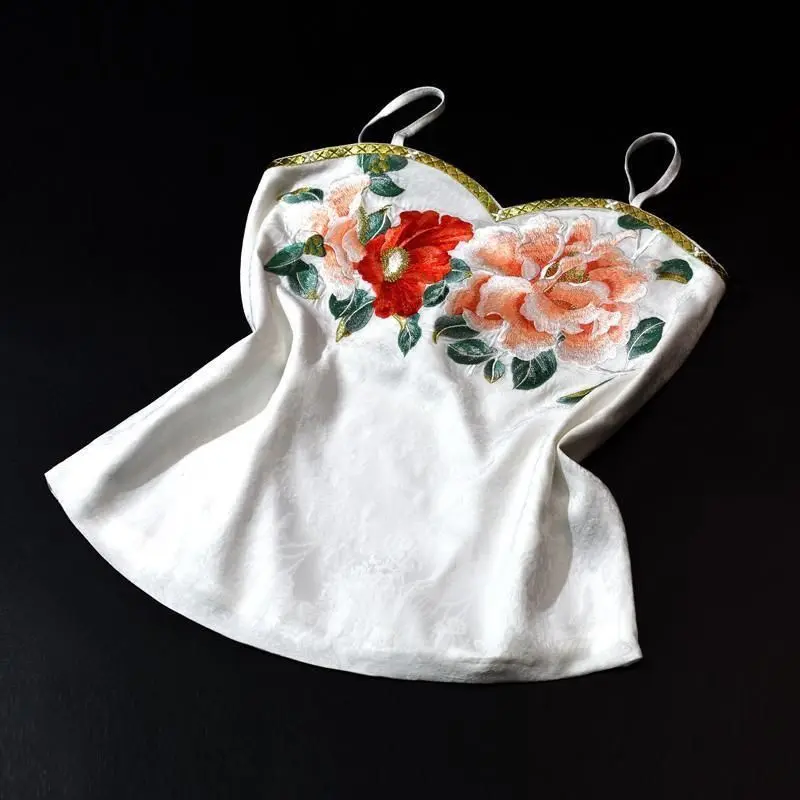 Plus Size Floral Embroidered Satin Hanfu Vest - Summer Boho Chic Camisole Women's Loose Causal Tank Tops