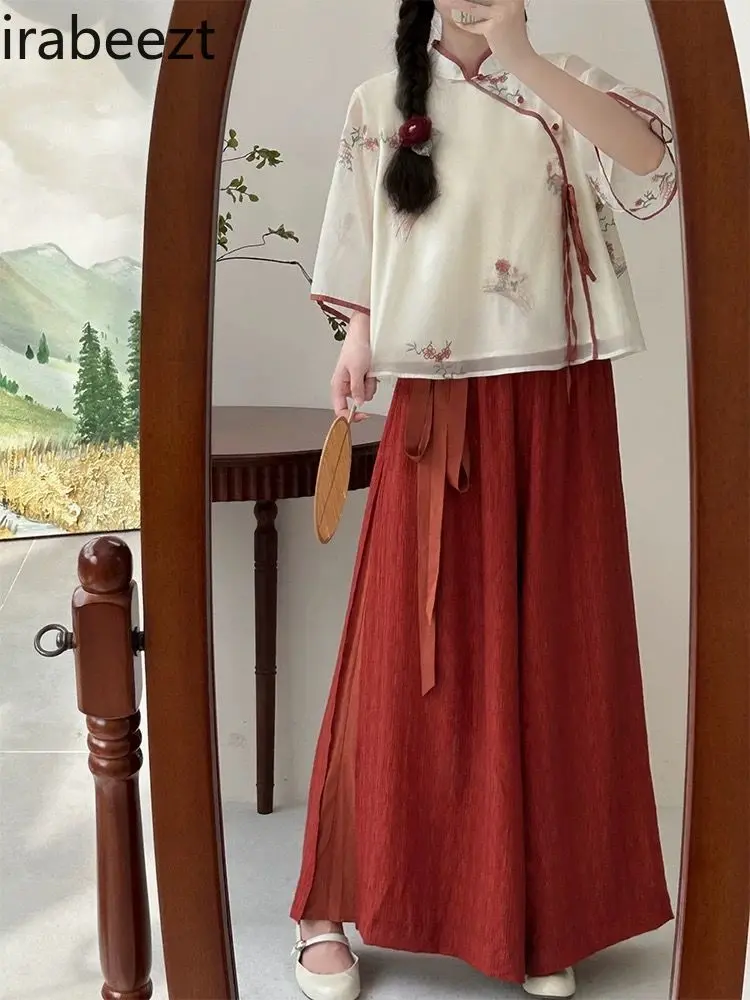 2025 New Retro Chinese Style Women's Elegant Blouse with Wide Leg Pants Set Vintage Floral Print Loose Fit Autumn Fashion Outfit