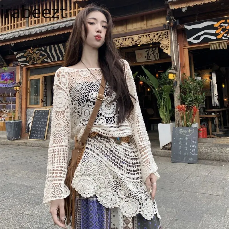 Bohemian Holiday Style Suit Hollow Sun Protection Knitted Blouse Female Summer Splicing Blusa Feminina Loose Knitted To