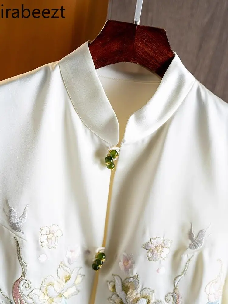 2025 Spring Chinese Style Satin Vest Women Floral Embroidery Beaded Button Waistcoat Elegant Outerwear Vintage Chic