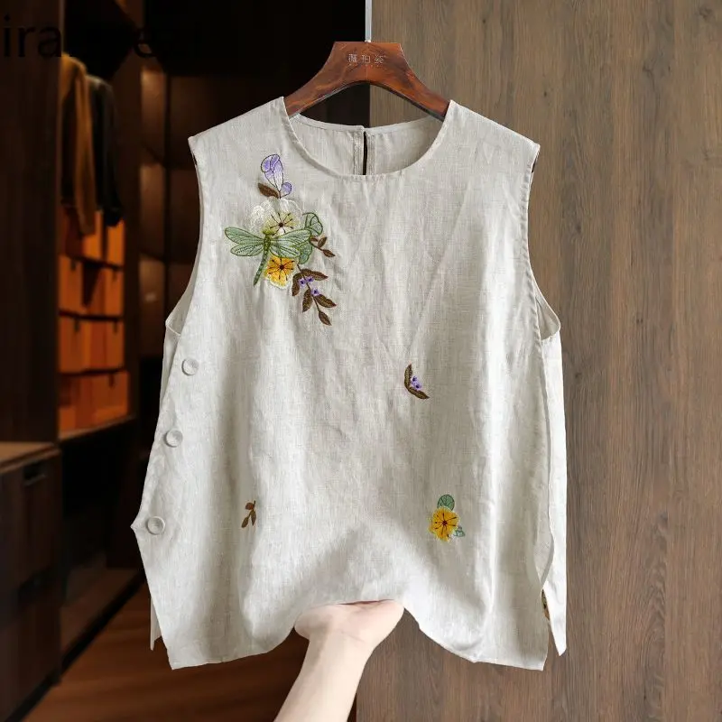 Women's Chinese Style Linen Embroidered Vest Sleeveless Summer Loose Boho Cotton Casual Tunic Tank Top Women